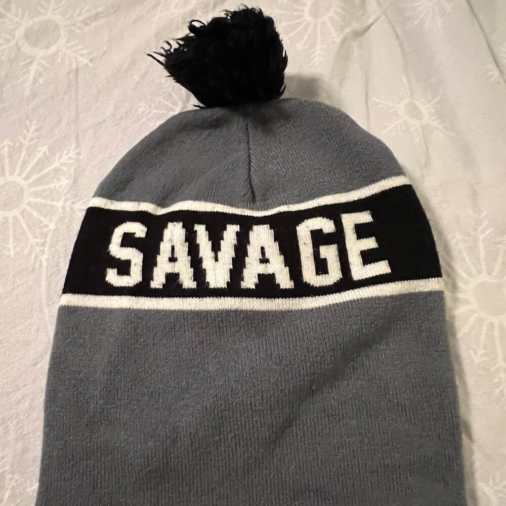 Savage Knit Beanie Hat Pom Pom Gray Black Winter Warm One Size Unisex